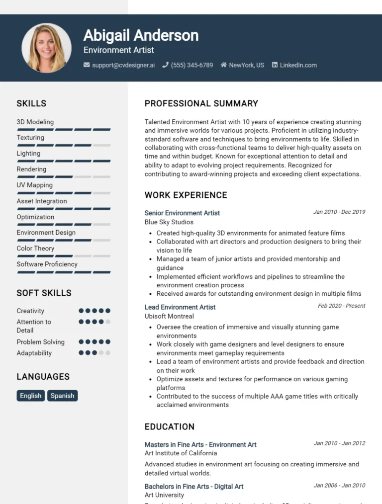 Environment Artist CV Example For 2025: Best Formatting Tips