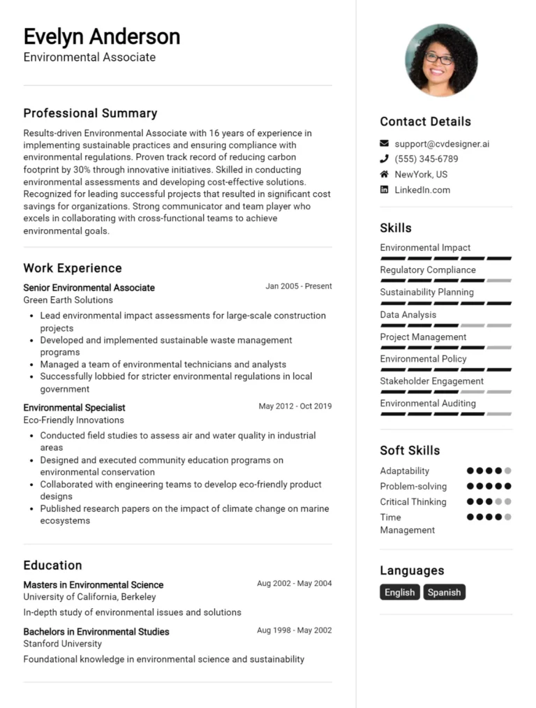 Environmental Associate CV Example For 2025: Best Tips & Templates