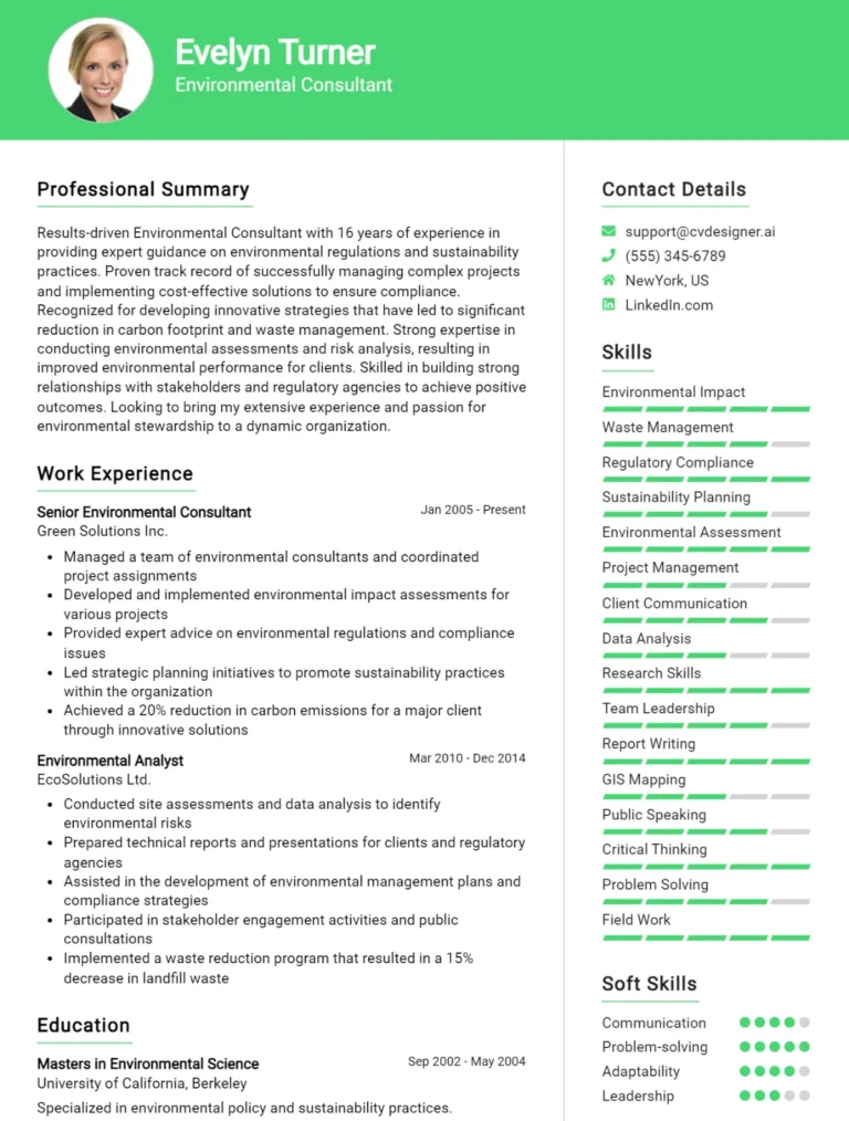 Environmental Consultant CV Example For 2025: Top Tips & Samples