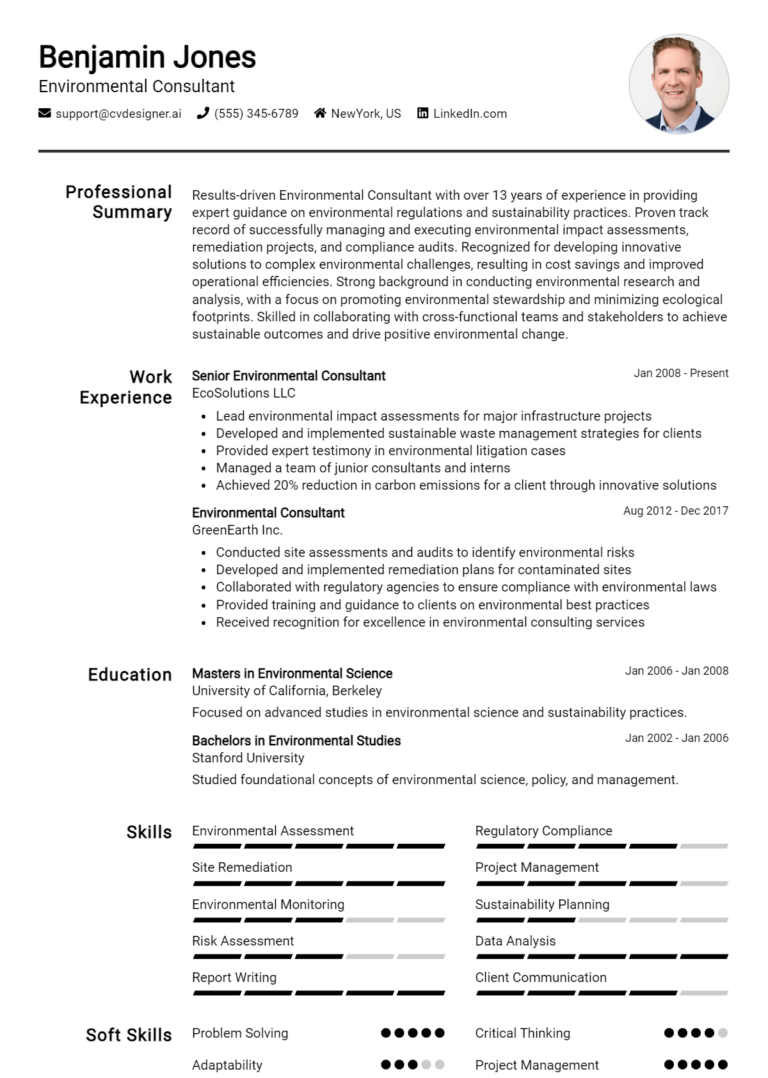 Environmental Consultant Resume Example for 2025: Top CV Skills