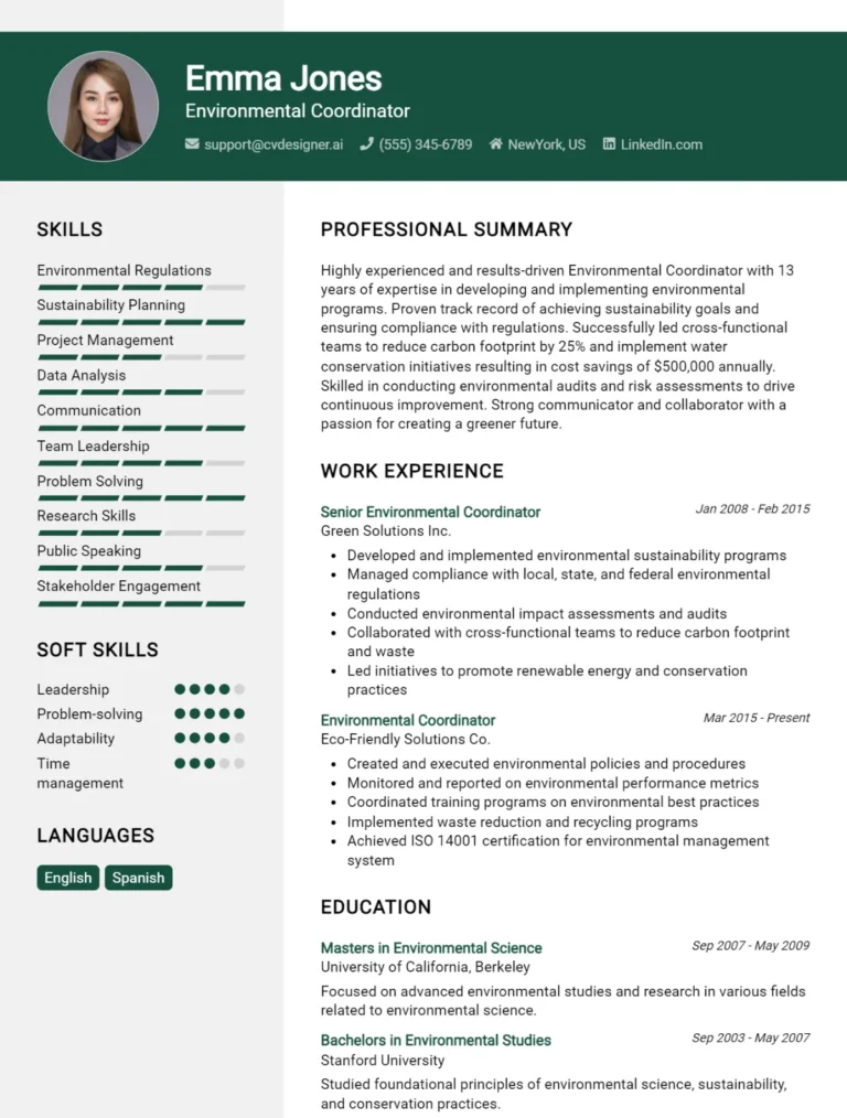 Environmental Coordinator CV Example For 2025: Effective CV Writing Tips