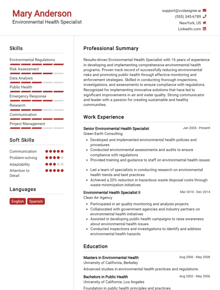 Environmental Health Specialist CV Example For 2025: Proven Tips & Templates