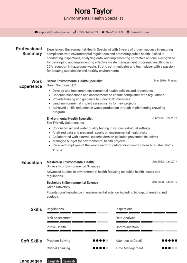 16 Environmental Health Specialist Resume Examples for 2025: Strategies & Templates
