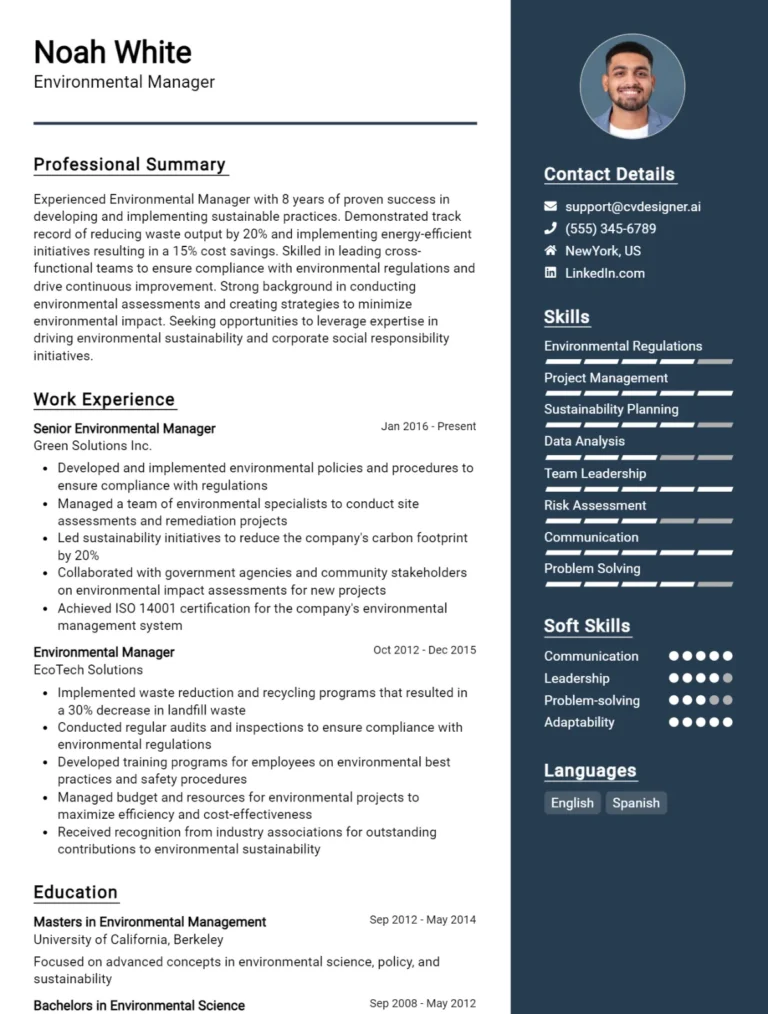 Environmental Manager CV Example For 2025: Samples & Best Practices
