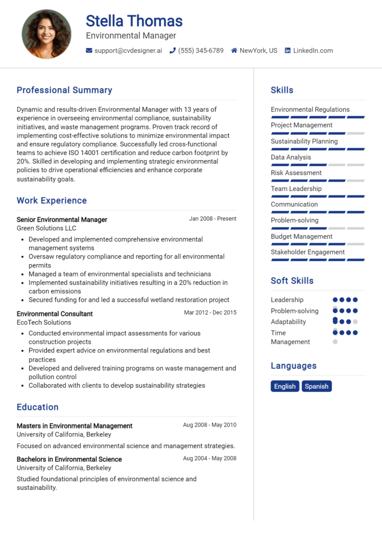 Environmental Manager Resume Example for 2025: Best Formatting Tips