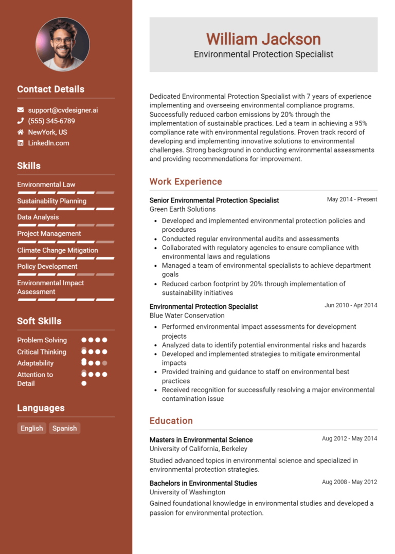 Environmental Protection Specialist Resume Example for 2025: Tips & Templates