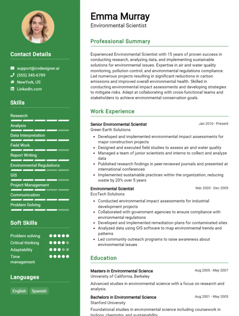 Environmental Scientist CV Example For 2025: Free Professional Templates
