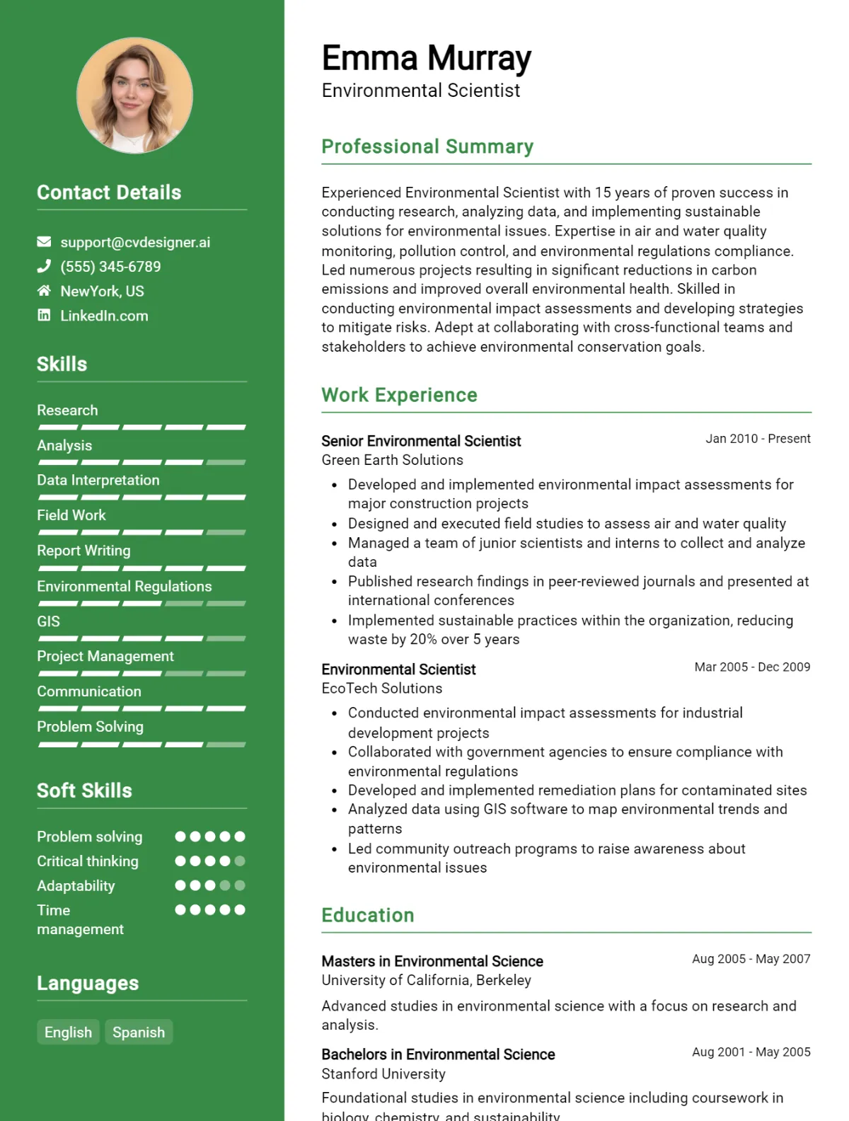 Environmental Scientist CV Example For 2024: Free Professional ...