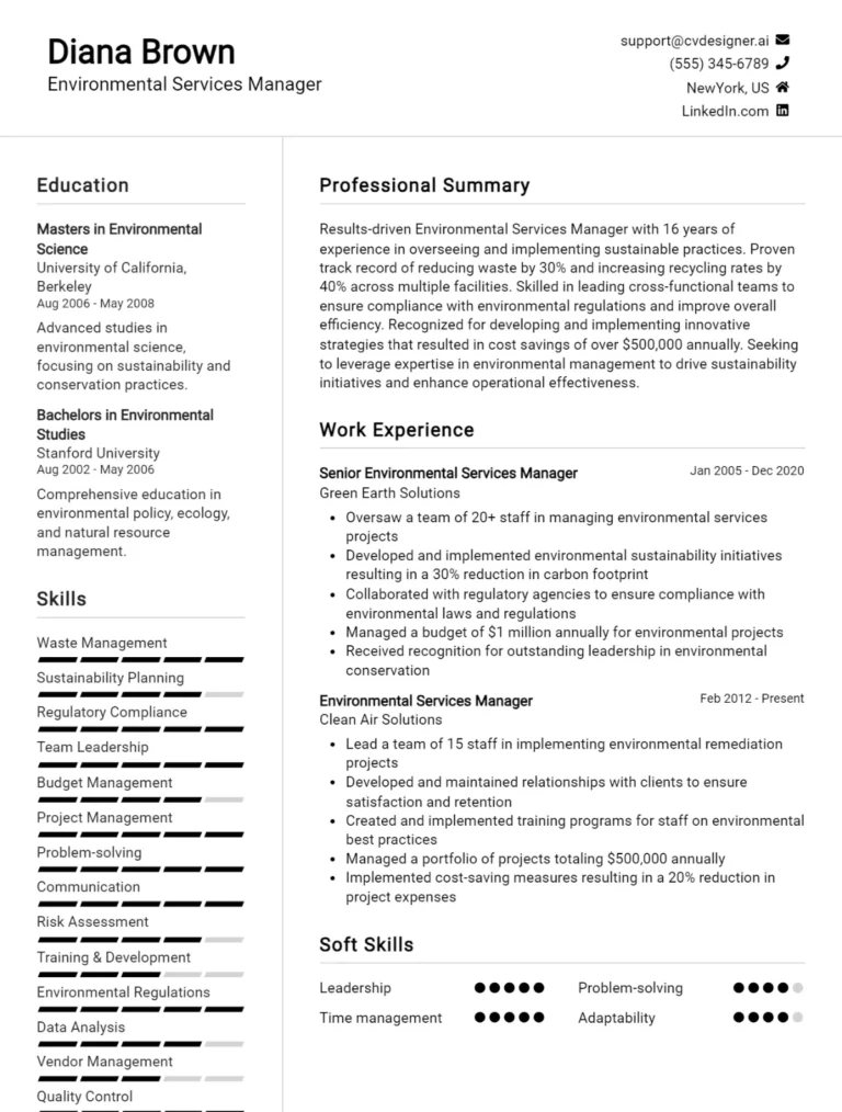 Environmental Services Manager CV Example For 2025: Samples & Best Practices