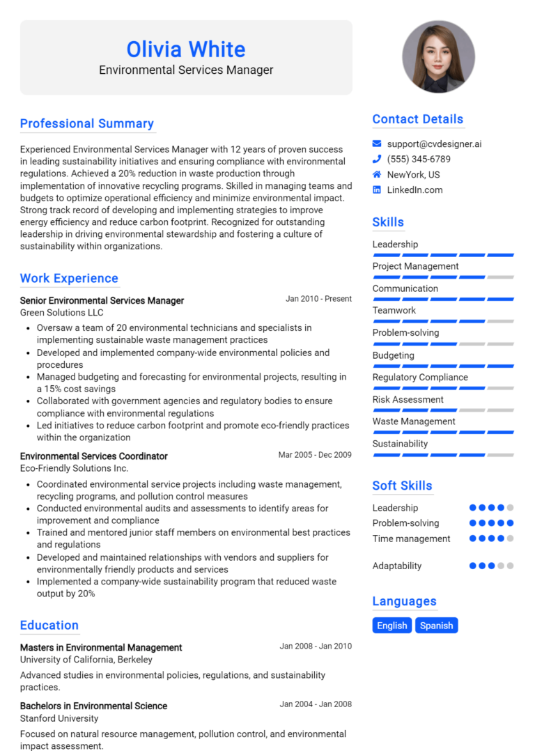 Environmental Services Manager Resume Example for 2025: Downloadable Templates