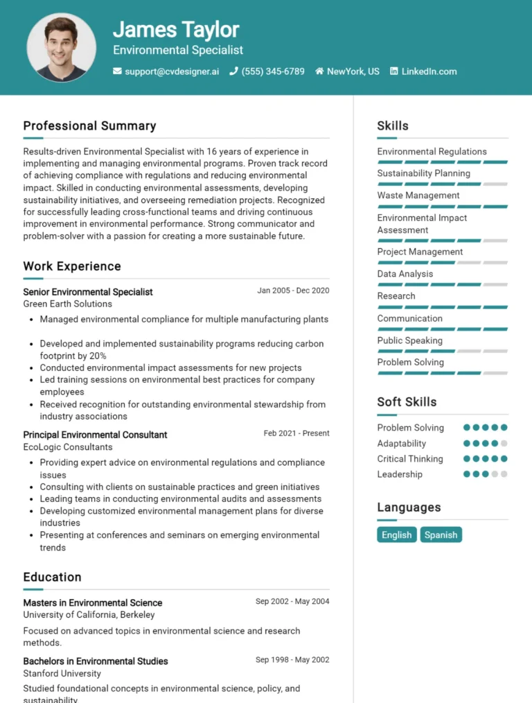 Environmental Specialist CV Example For 2025: Top Tips & Samples