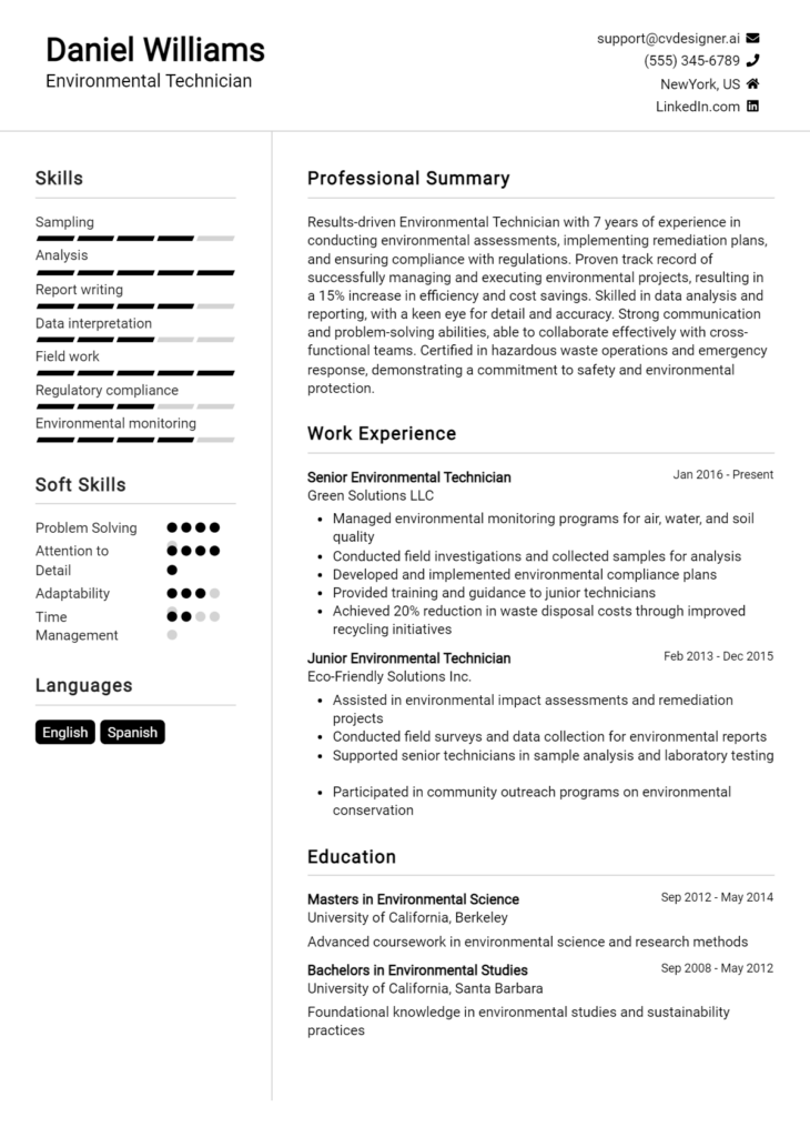 Environmental Technician Resume Example