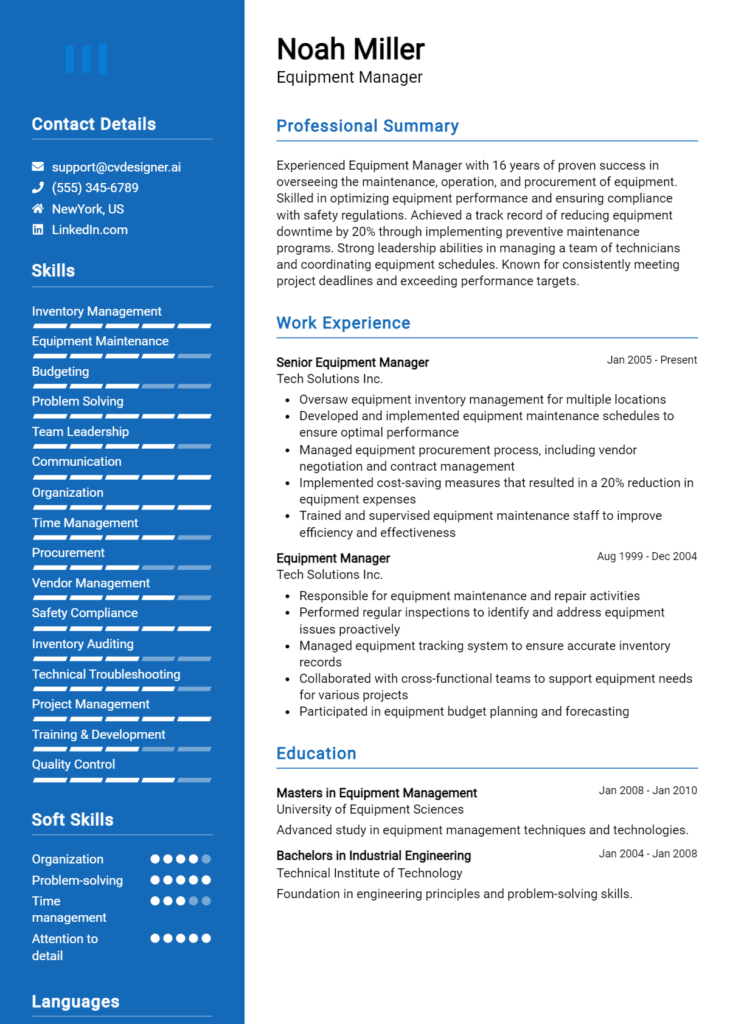 Equipment Manager Resume Example