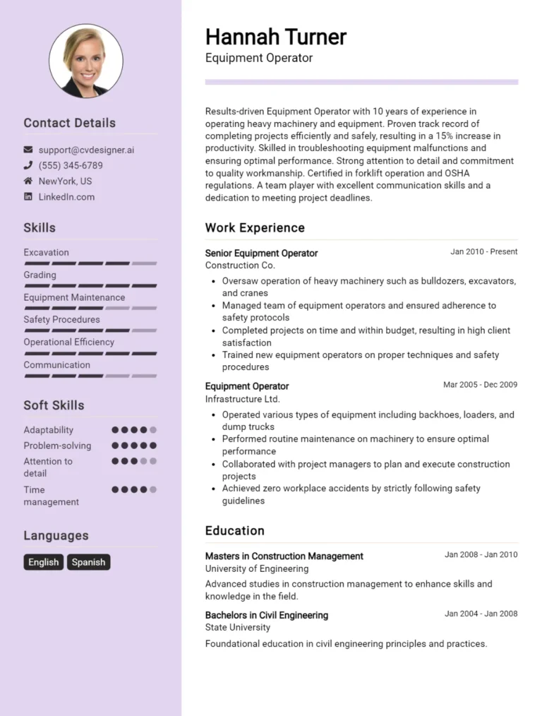 Equipment Operator CV Example For 2025: Free Professional Templates