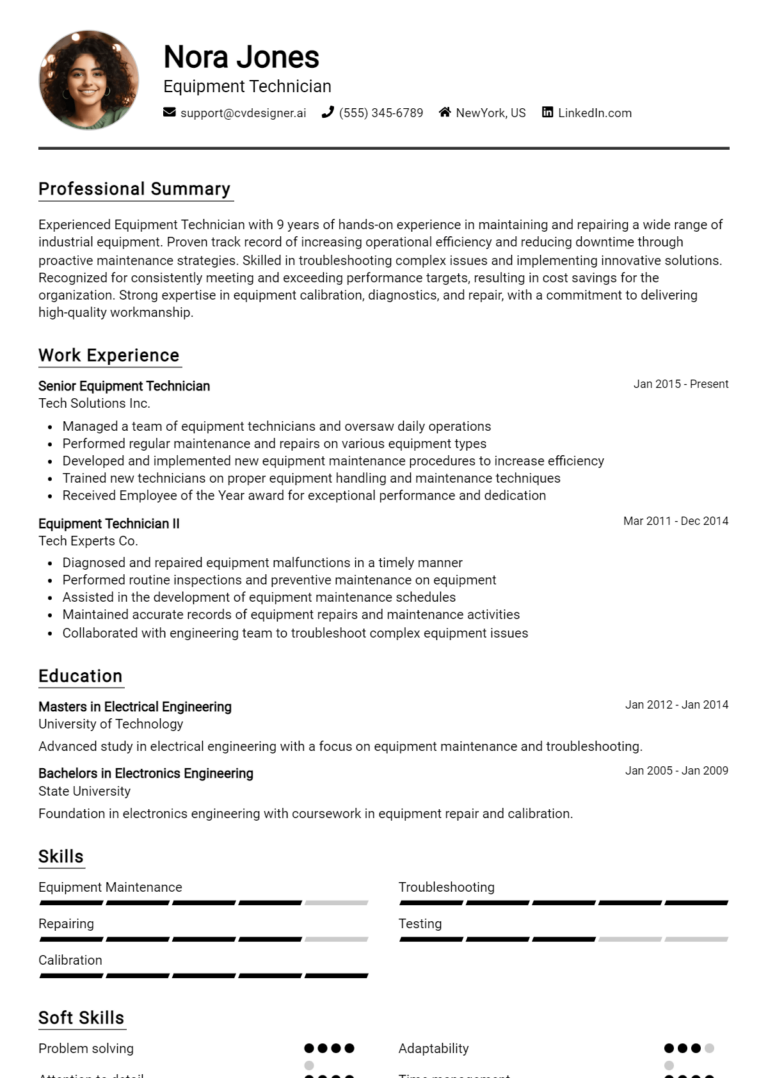 Equipment Technician Resume Example for 2025: Tips to Stand Out