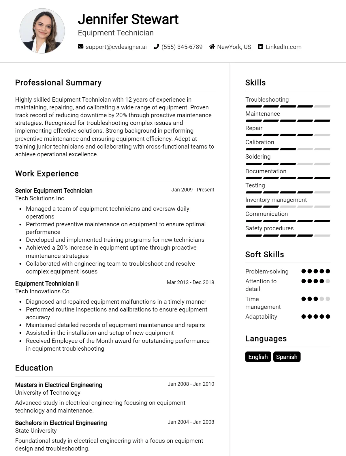 Equipment Technician CV Example
