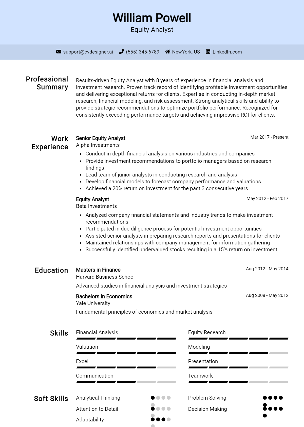 Equity Analyst Resume Example