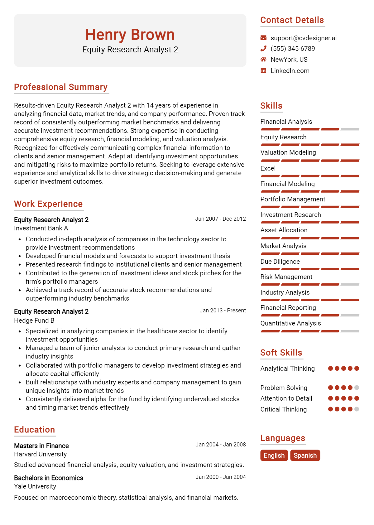 Equity Research Analyst 2 Resume Example