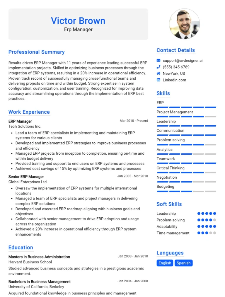 ERP Manager CV Example For 2025: Best Writing Guide