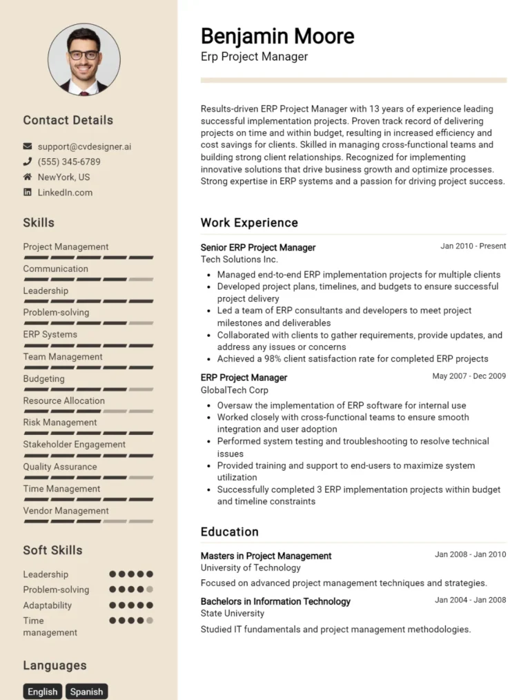 ERP Project Manager CV Example For 2025: Professional CV Templates