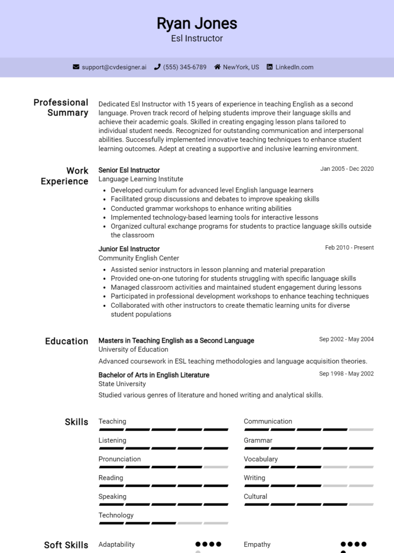 ESL Instructor Resume Example for 2025: Professional CV Templates