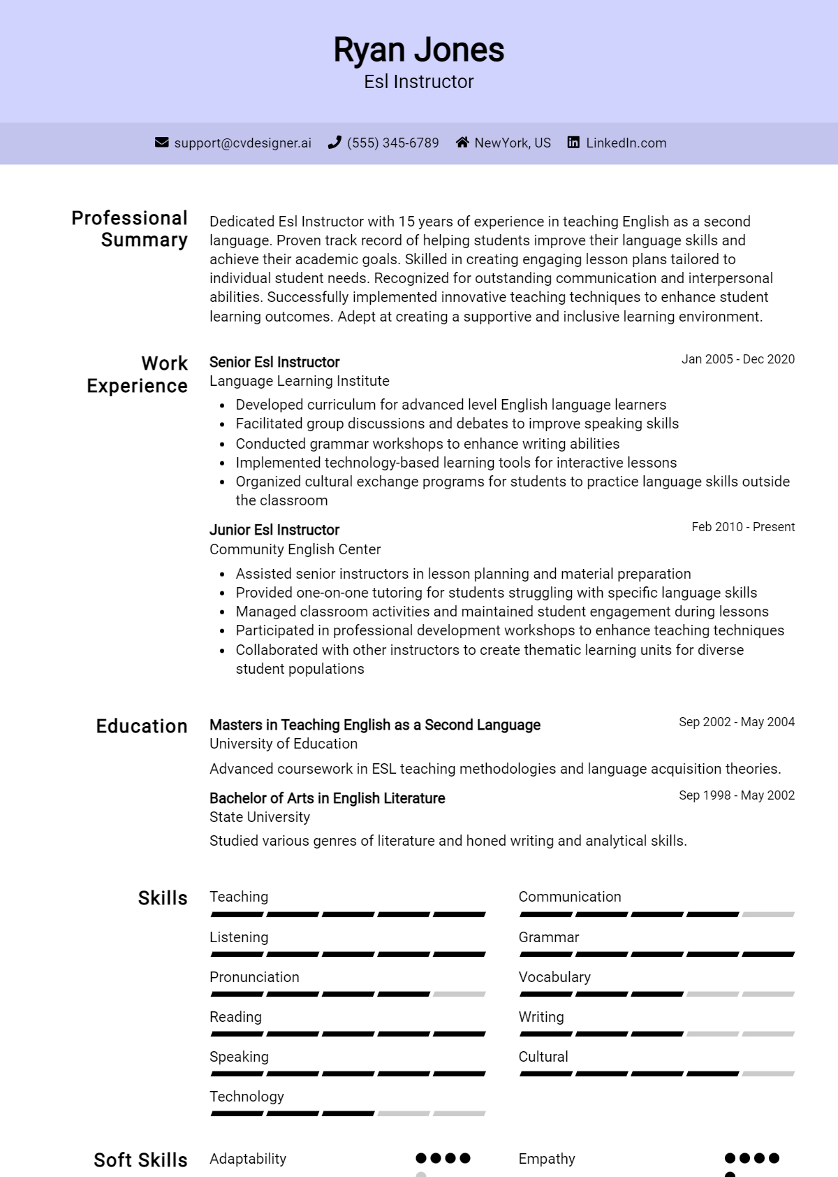Esl Instructor Resume Example