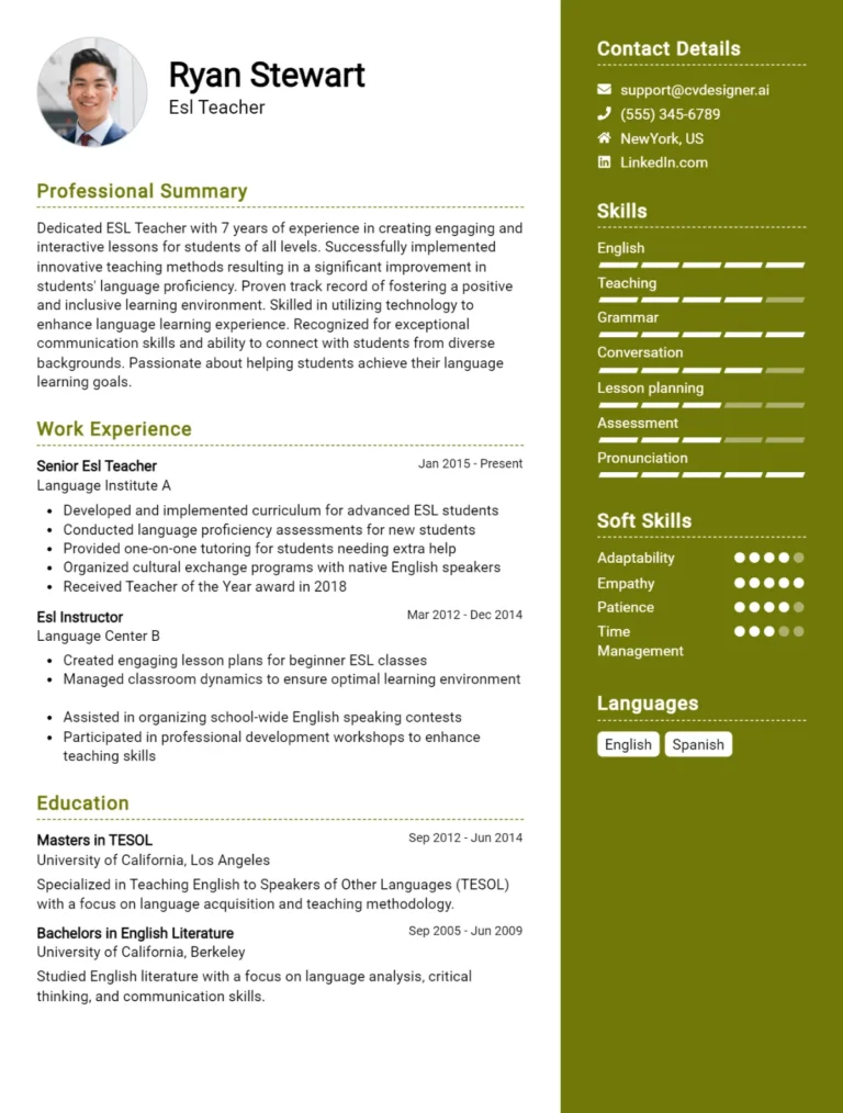 ESL Teacher CV Example For 2025: Effective CV Writing Tips