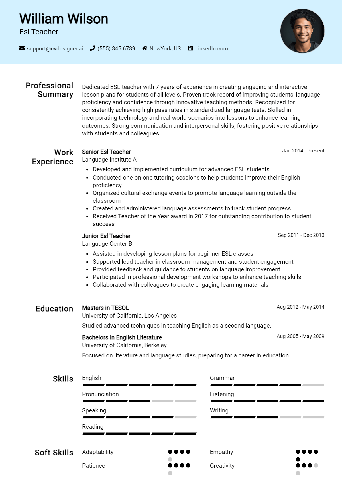 Esl Teacher Resume Example