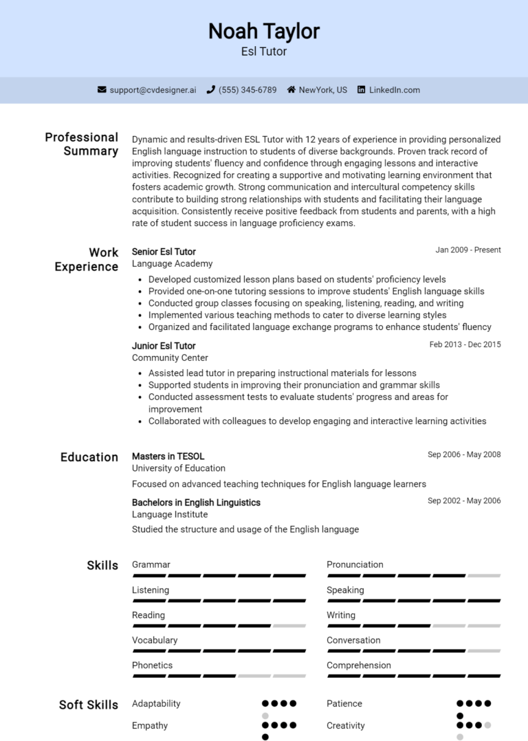 ESL Tutor Resume Example for 2025: How to Create a Professional CV