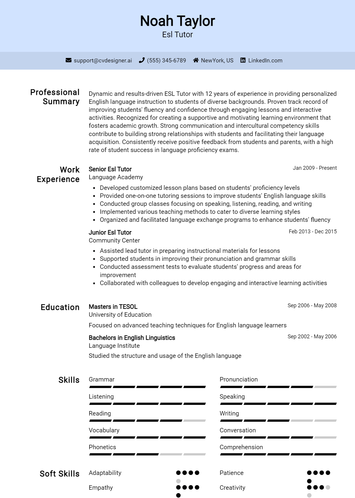 Esl Tutor Resume Example