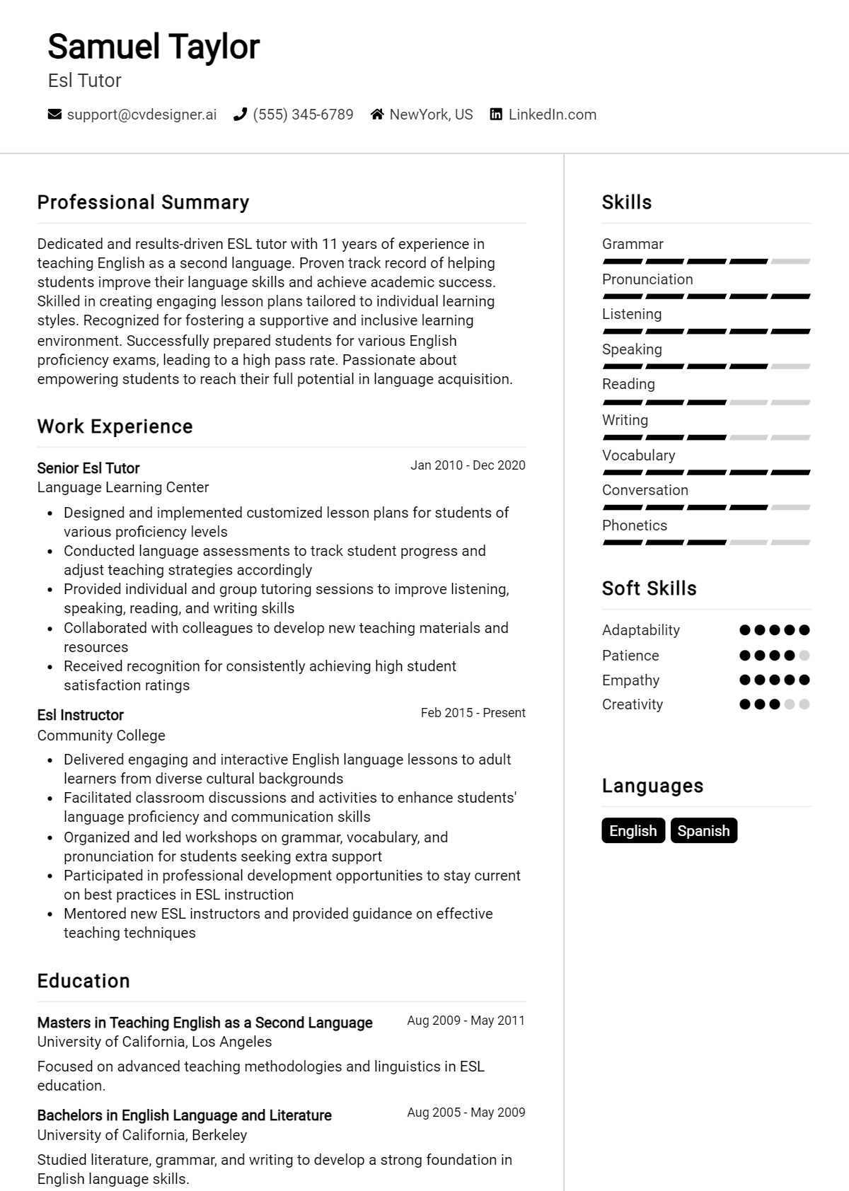 Esl Tutor Resume Example