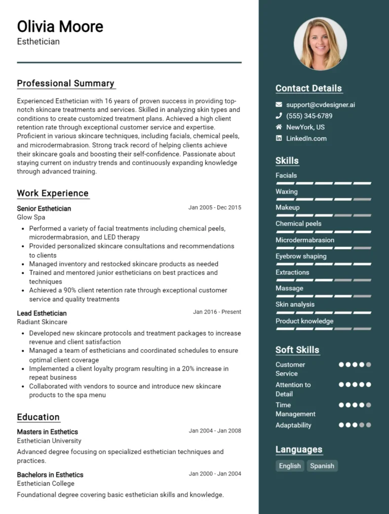 Esthetician CV Example For 2025: Samples & Best Practices