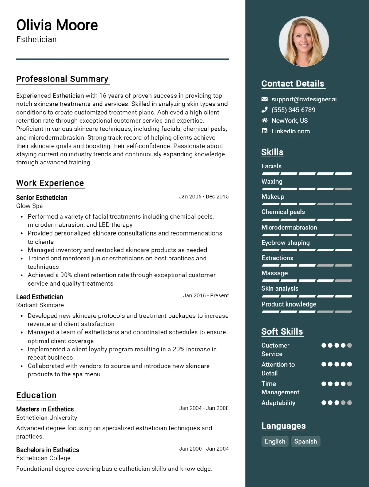 Esthetician CV Example