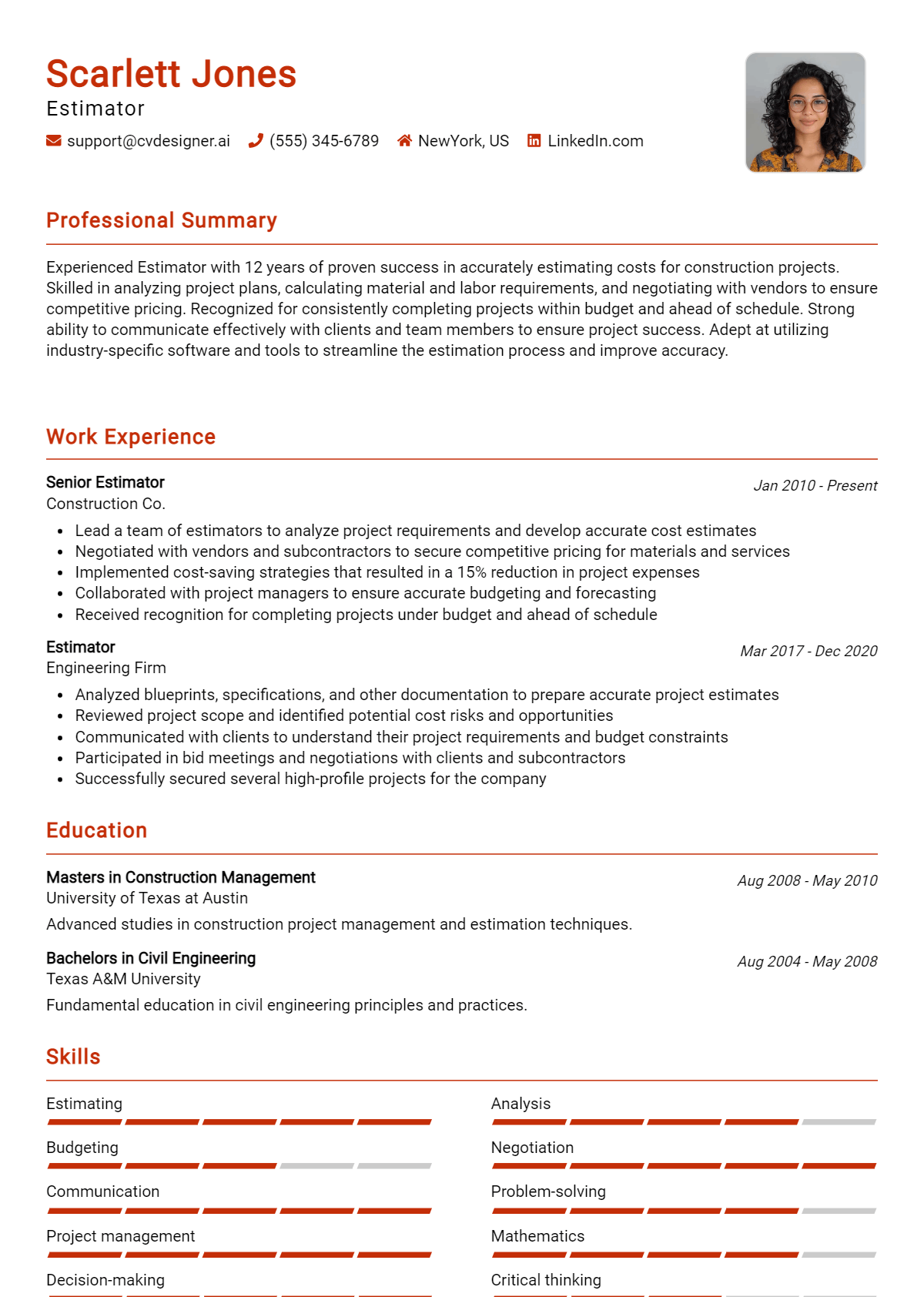 Estimator Resume Example