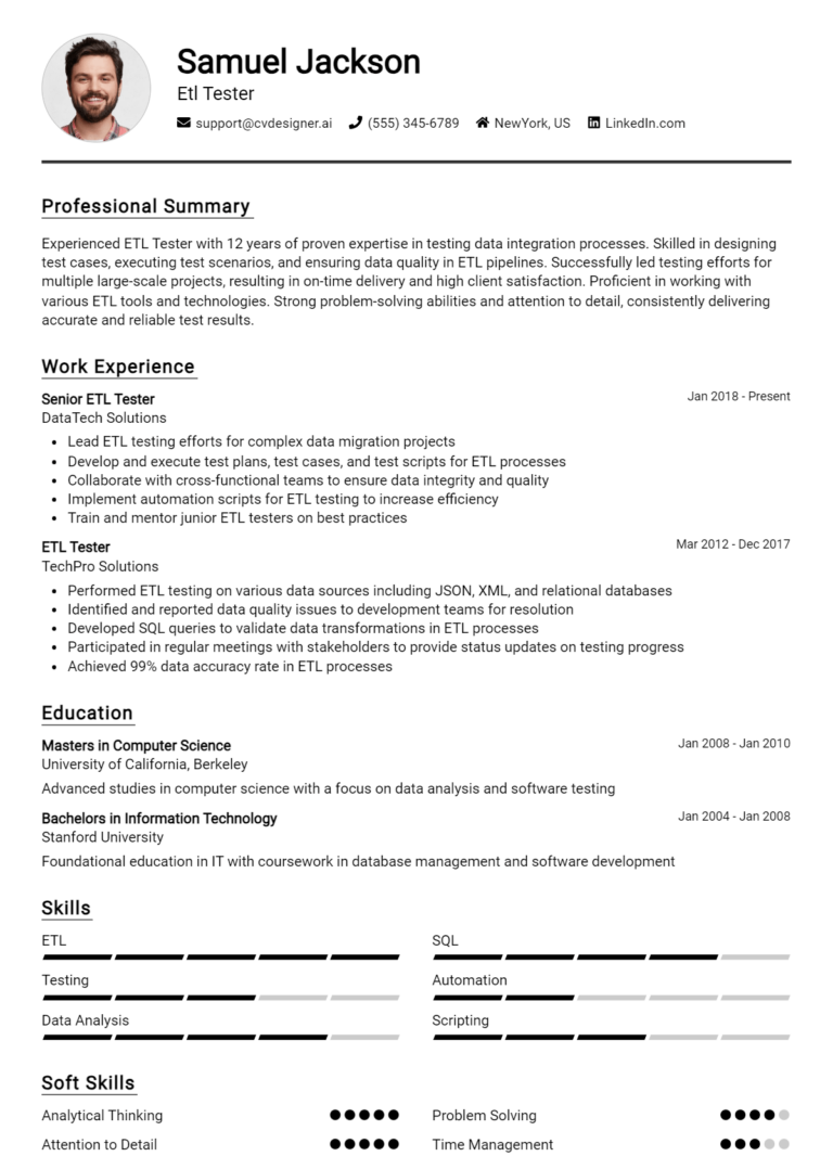 ETL Tester Resume Example for 2025: Resume Guide