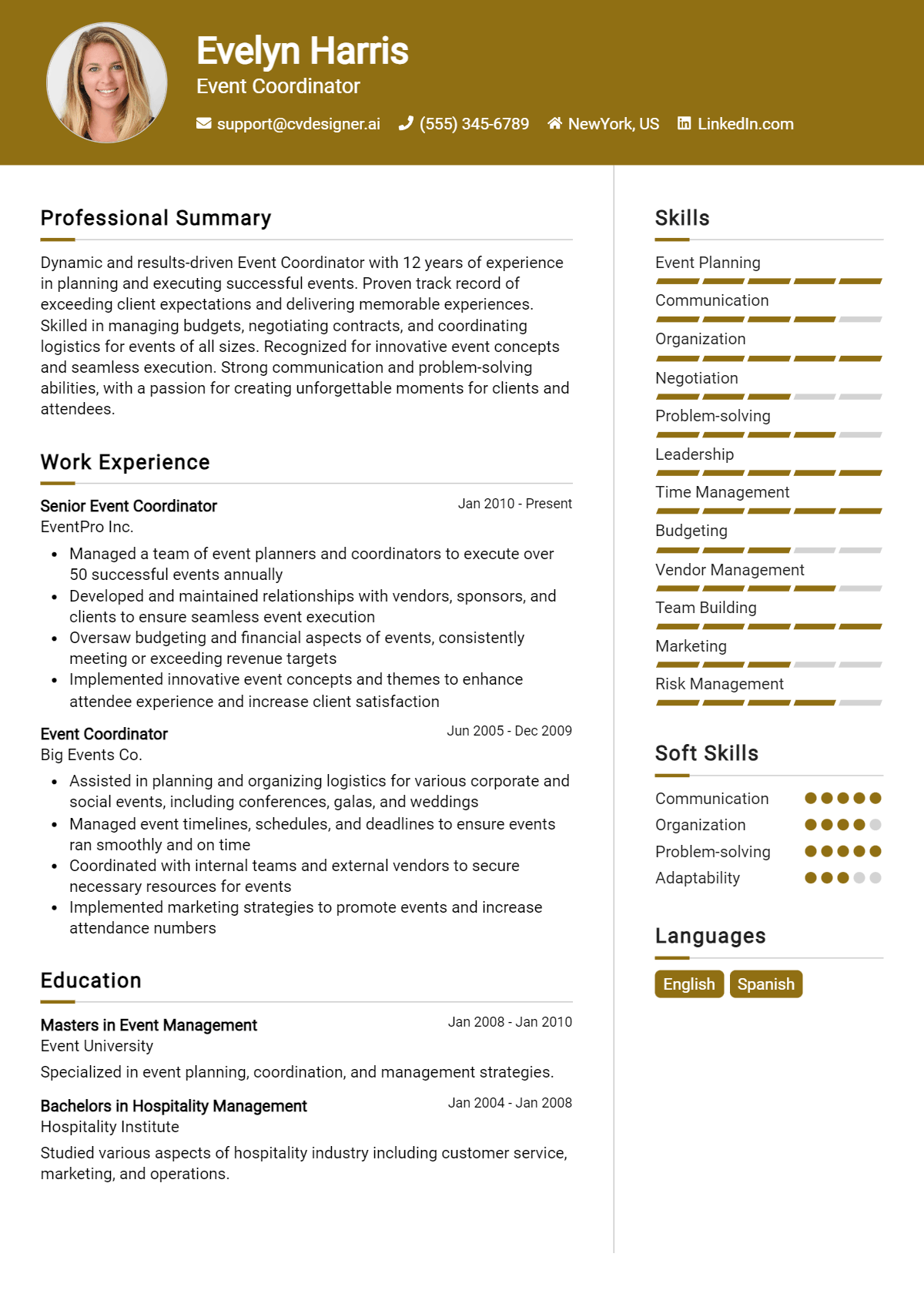 Event Coordinator Resume Example for 2024: Free Examples - CVDesigner.ai