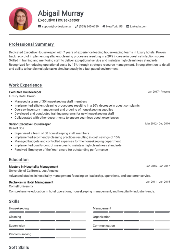 Executive Housekeeper Resume Example