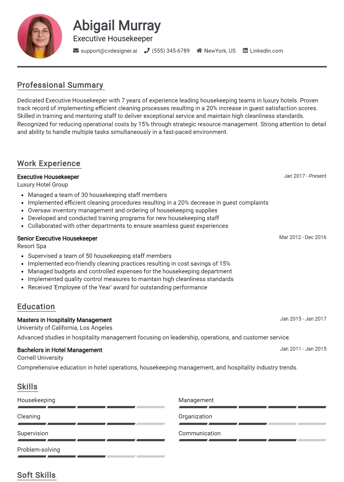 Executive Housekeeper Resume Example