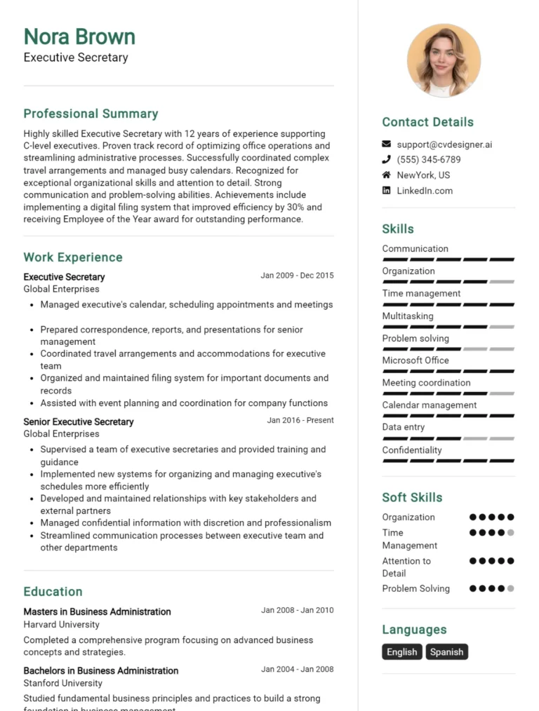 Executive Secretary CV Example For 2025: Top CV Skills