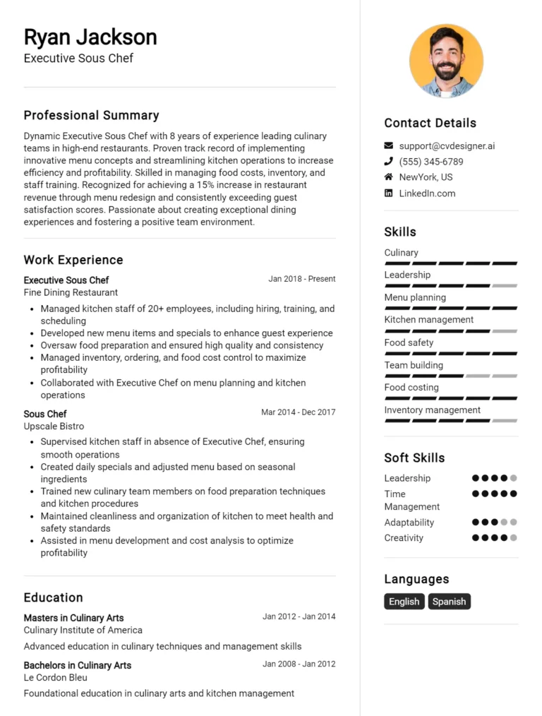 Executive Sous Chef CV Example For 2025: Samples & Best Practices