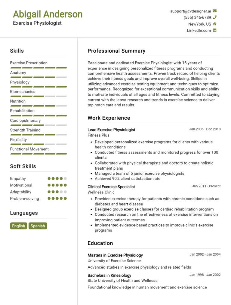 Exercise Physiologist CV Example For 2025: Free Professional Templates