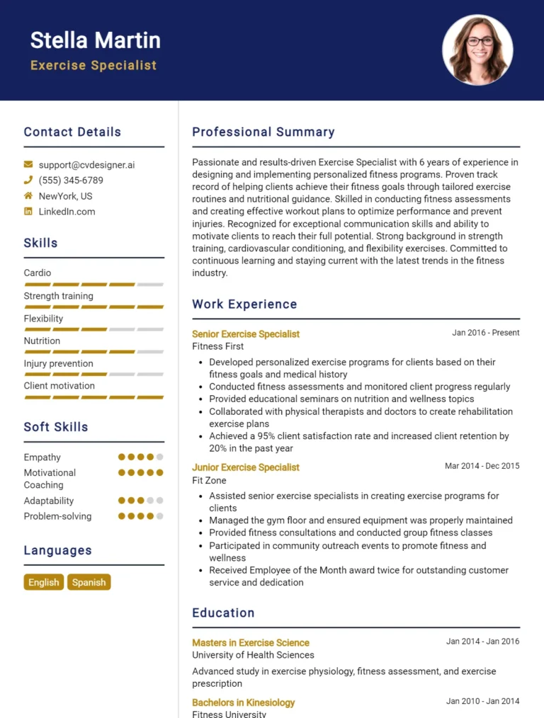 Exercise Specialist CV Example For 2025: Proven Tips & Templates