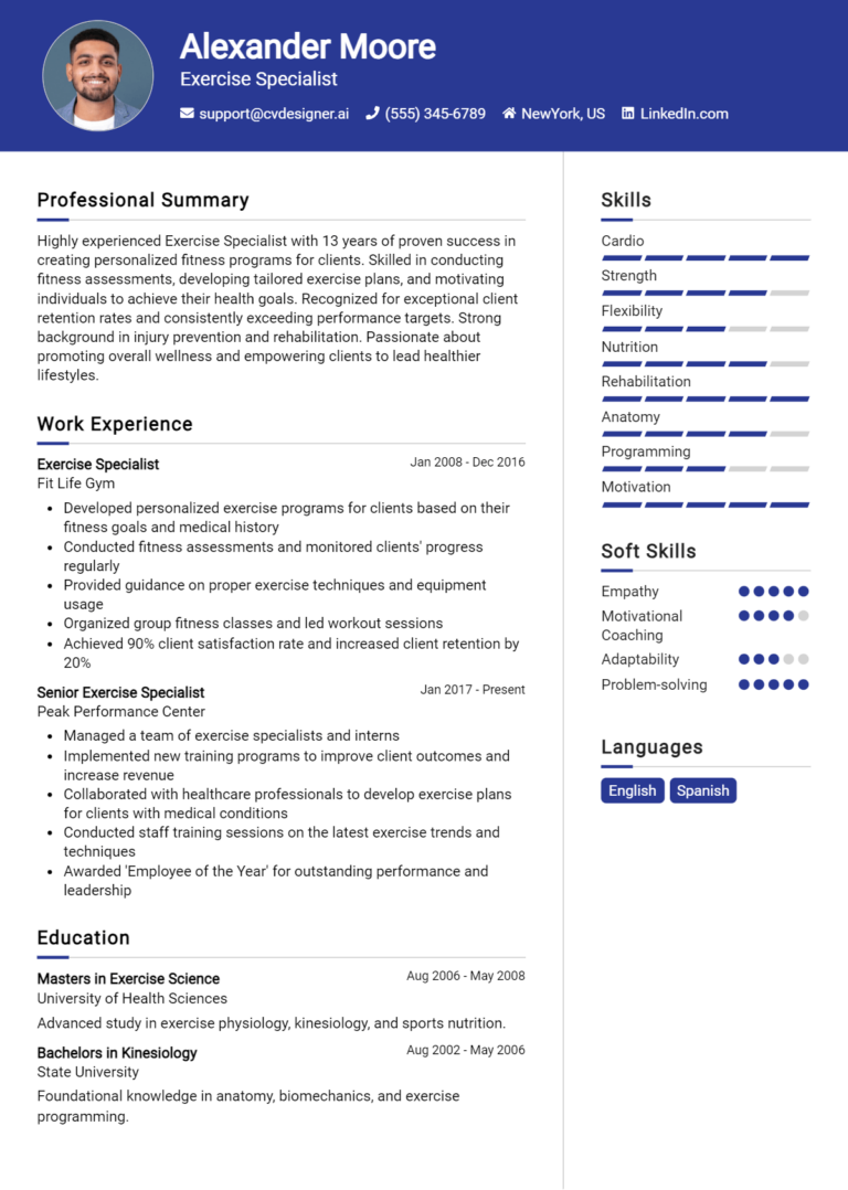 Exercise Specialist Resume Example for 2025: Best Formatting Tips