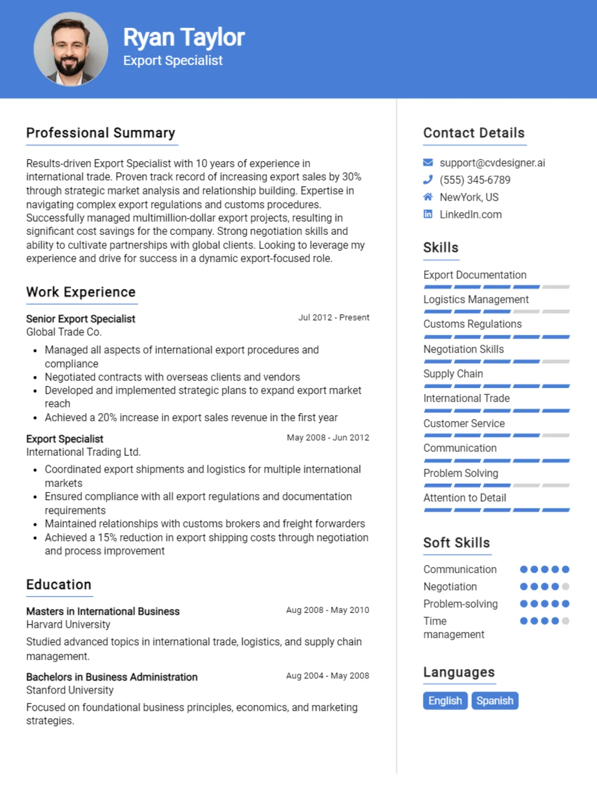 Export Specialist CV Example