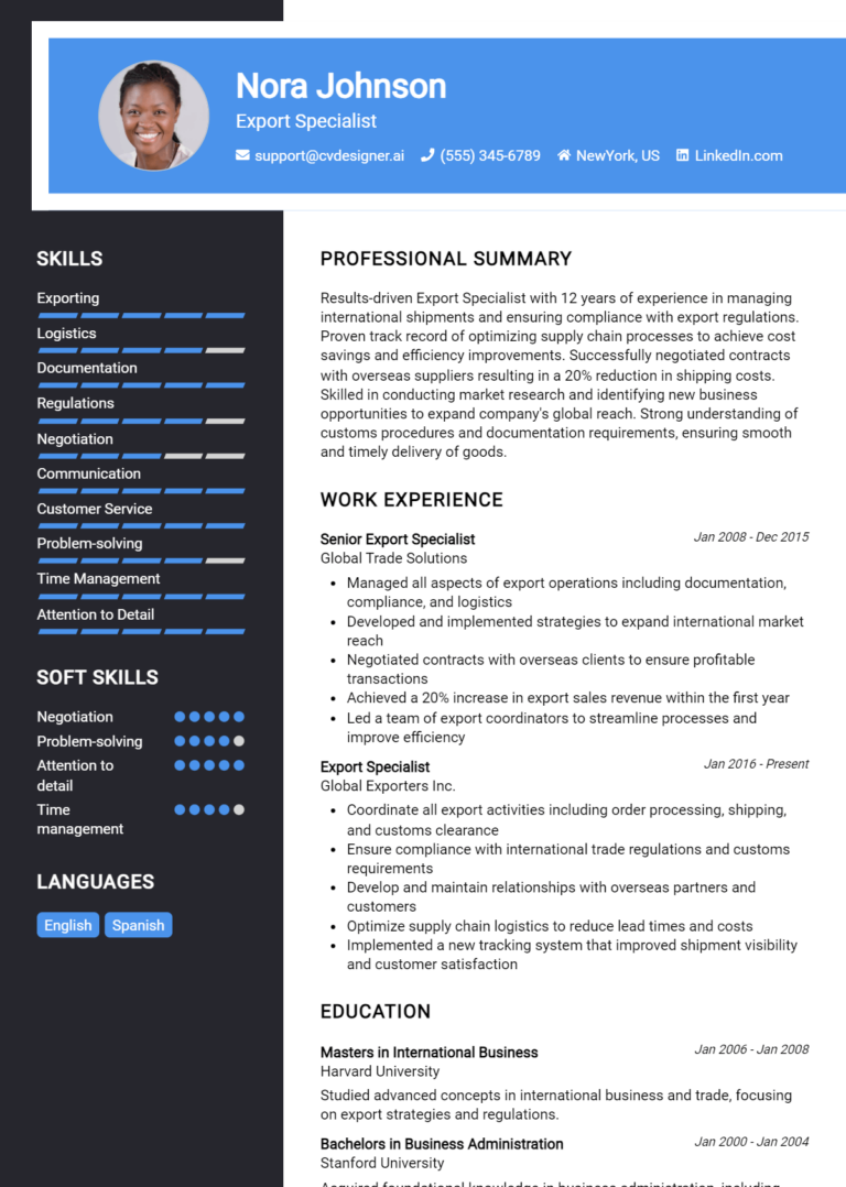 Export Specialist Resume Example for 2025: Free Templates