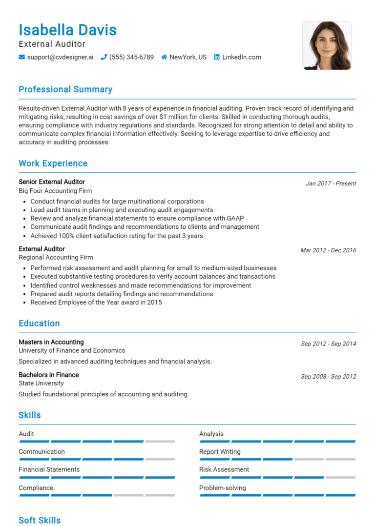 External Auditor Resume Example for 2025: Samples & Best Practices