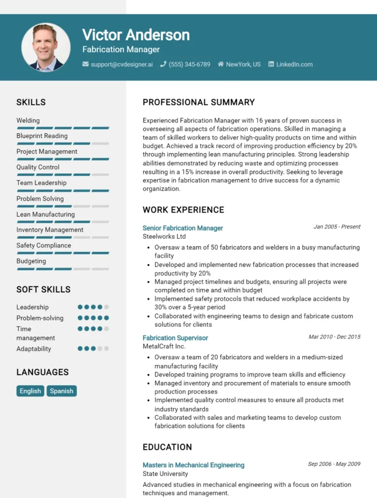 Fabrication Manager CV Example For 2025: Strategies & Templates
