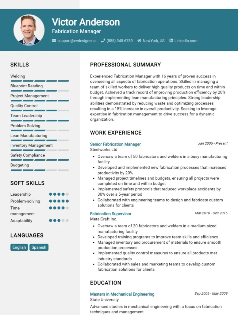 Fabrication Manager CV Example