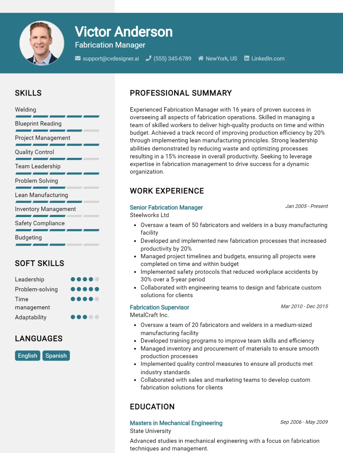 Fabrication Manager CV Example