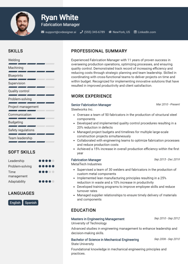Fabrication Manager Resume Example